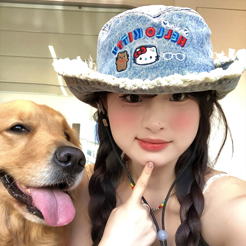 kitty猫水洗牛仔登山帽女春夏季复古做旧磨边渔夫帽子大帽檐盆帽