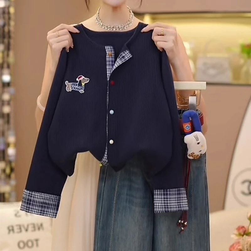 女童针织衫开衫2025新款春秋款中大童洋气格子拼接外套毛衣打底衫