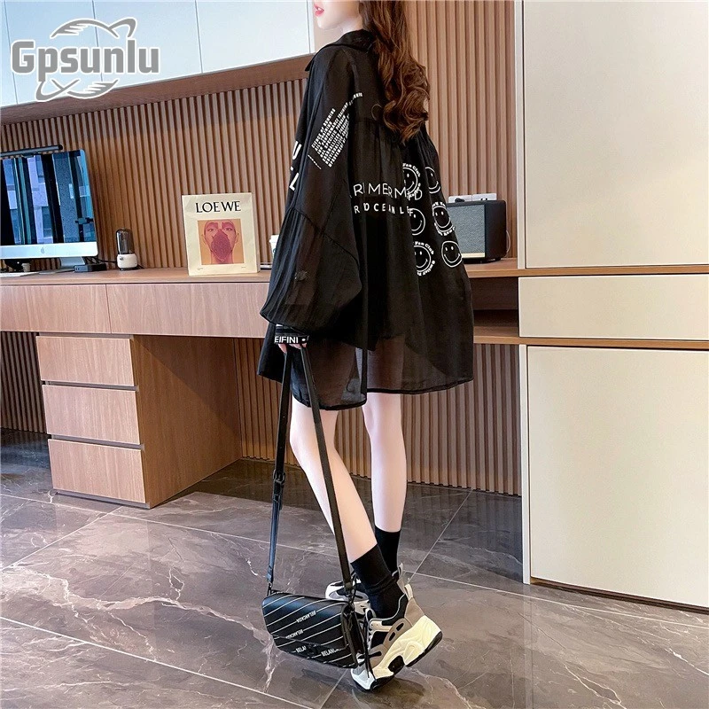 gpsunlu中长款薄款雪纺衬衫防晒衣女夏季宽松慵懒风外套开衫上衣