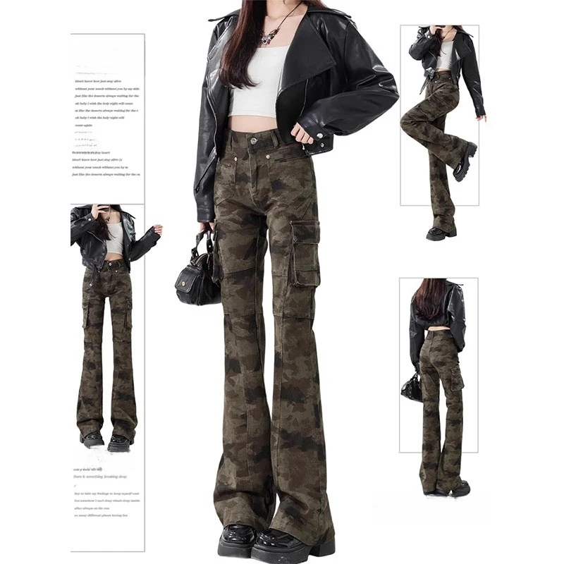 大码复古高街迷彩工装微喇牛仔裤女春季2025新款设计高腰修身长裤