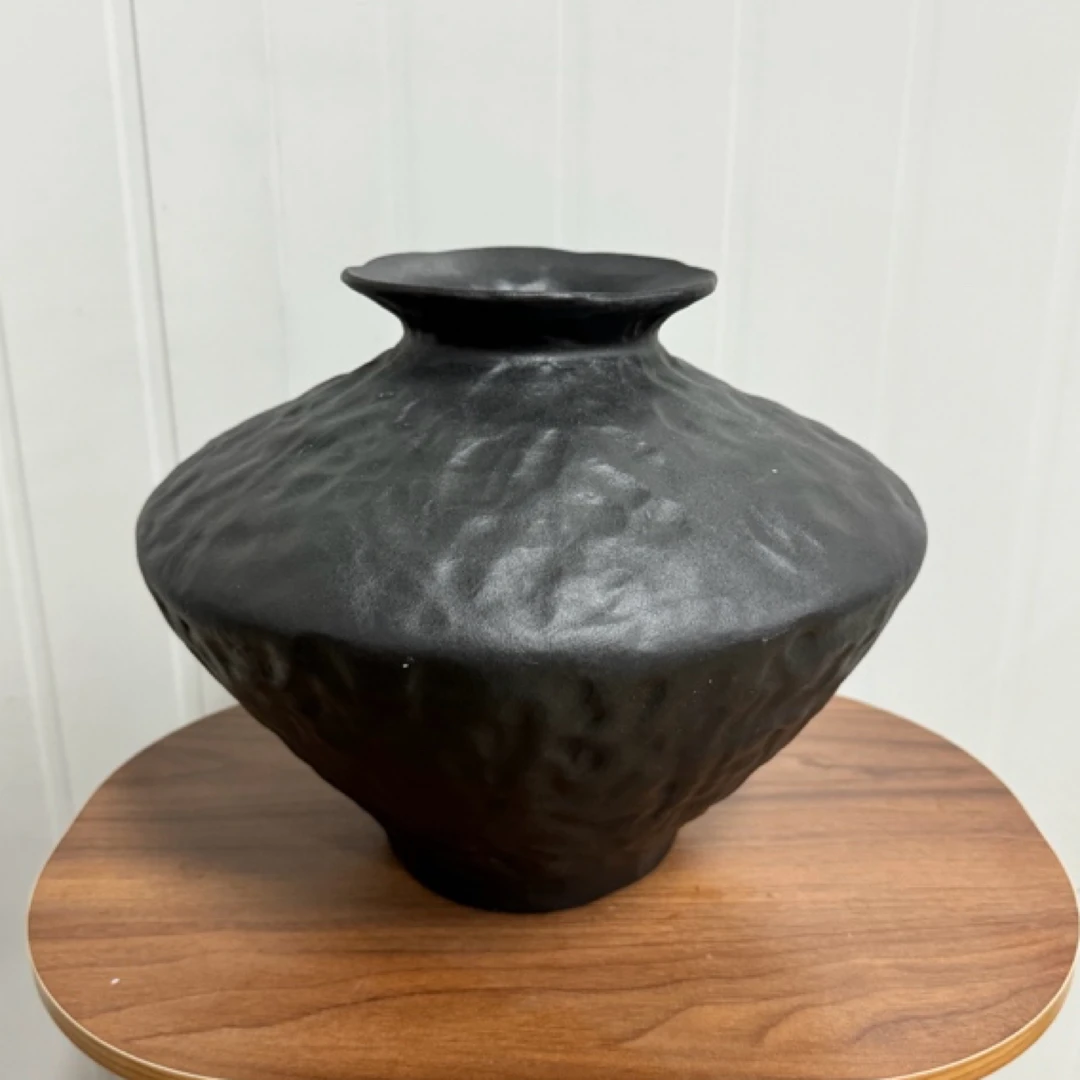 大号飞碟瓶侘寂风黑色粗陶罐子新中式复古禅意陶瓷花瓶摆件插花器