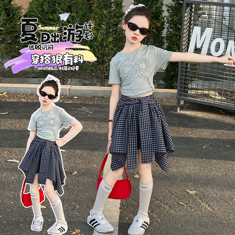 女童套装夏装2025新款儿童网红夏季洋气短袖不规则格子裙裤两件套