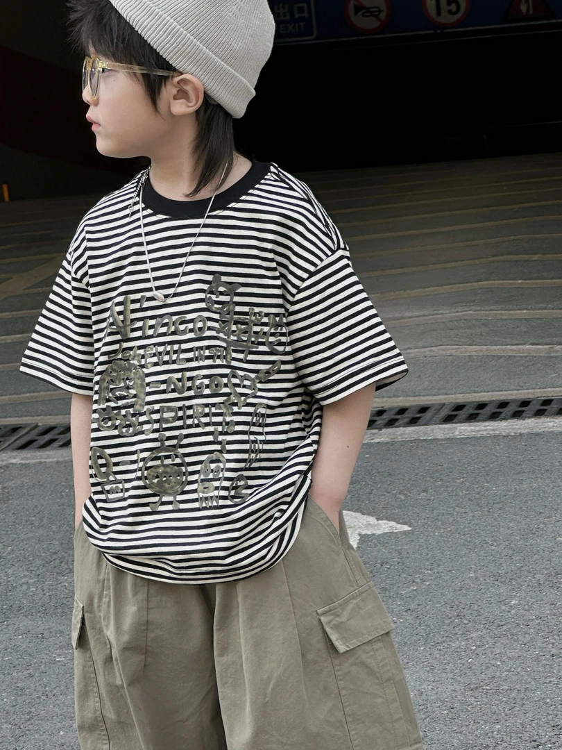 243064儿童春夏洋气百搭宽松时尚短袖条纹圆领T恤