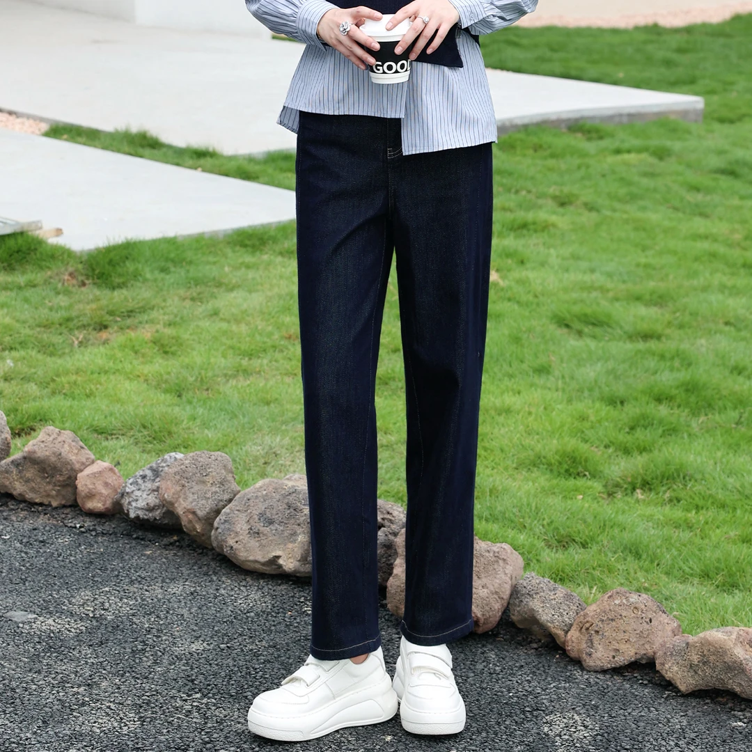 枫竺阿楠anan 半松紧中高腰遮胯显瘦女秋季蓝色亮丝牛仔老爹裤