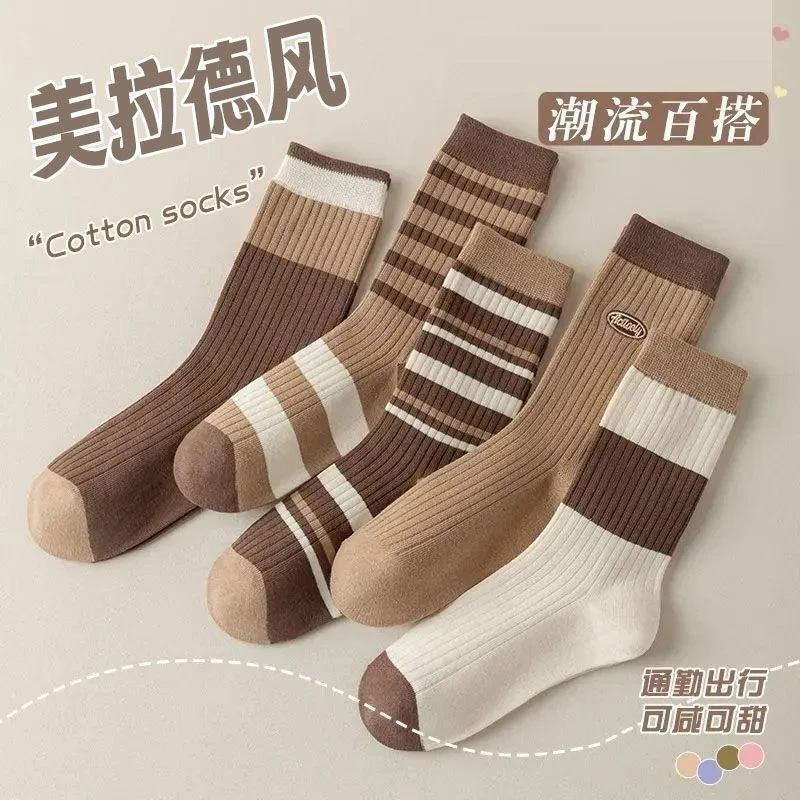 学院风秋季条纹透气中筒袜女短袜百搭加厚欧若精灵风