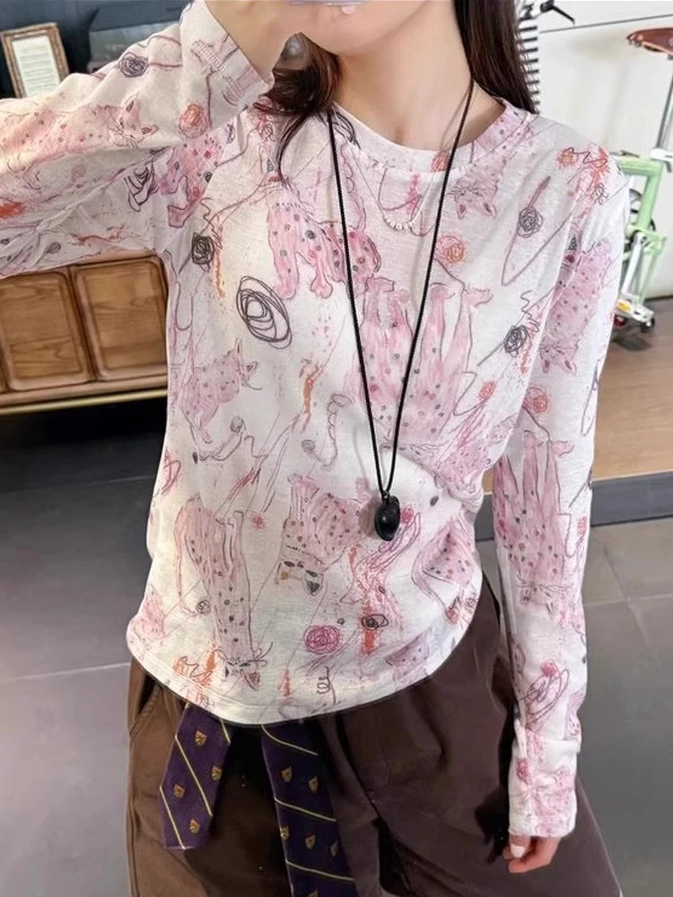 涂鸦印花粉色长袖t恤透视防晒罩衫女薄款夏季独特漂亮小上衣内搭
