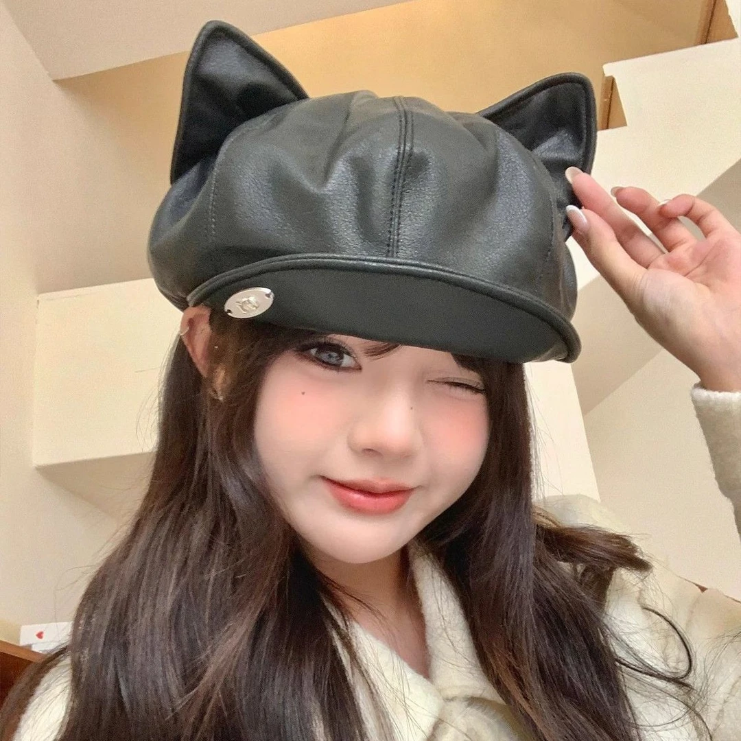新款日系复古可爱猫耳朵贝雷帽秋冬季休闲百搭美拉德风画家帽子