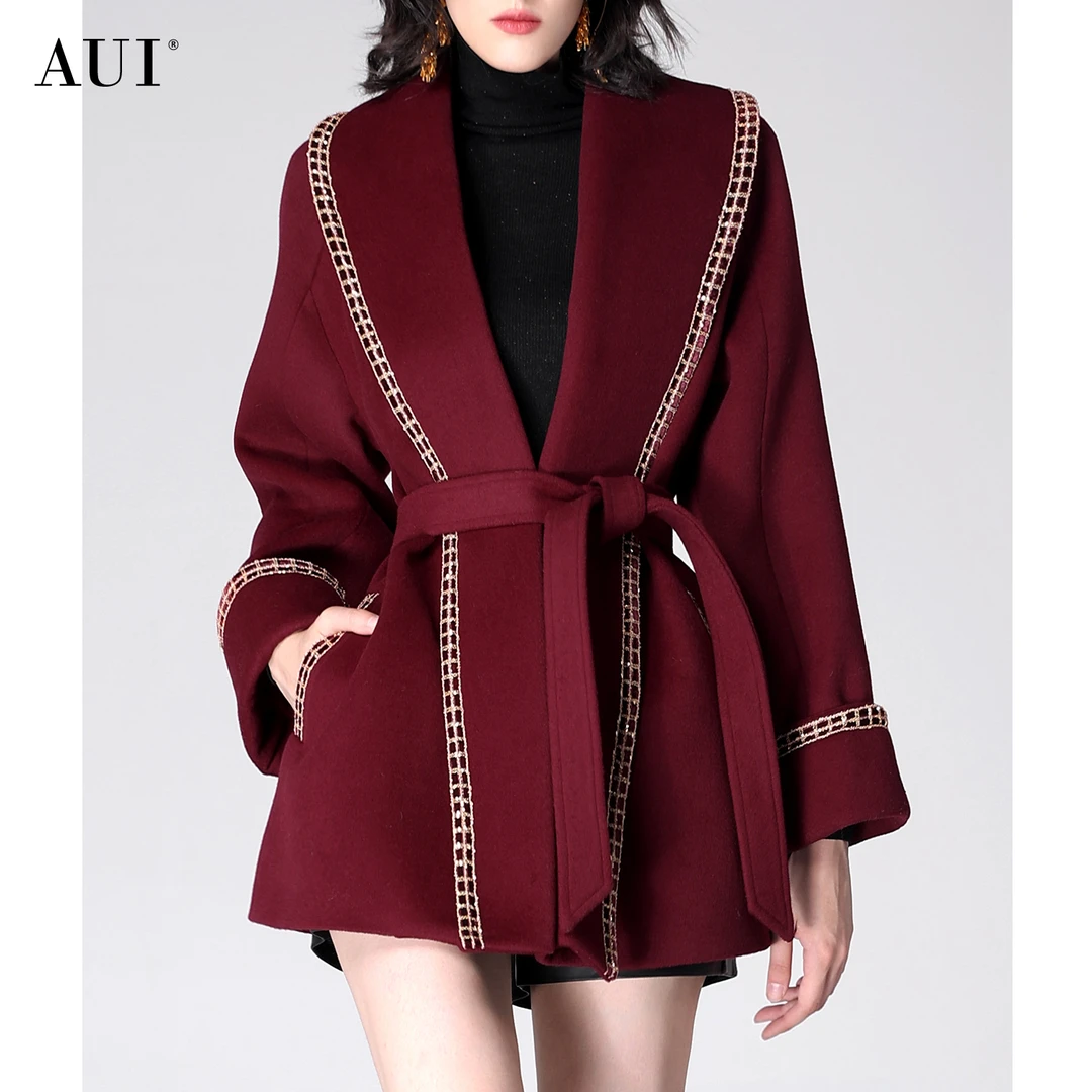 《粉丝专享》AUI酒红色修身短款气质毛呢外套呢子大衣TT-24D097181