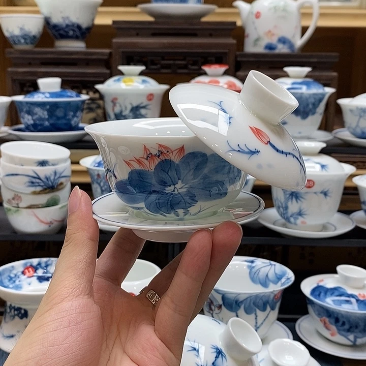 手绘荷花悬停盖碗釉下彩高温瓷微瑕福利款