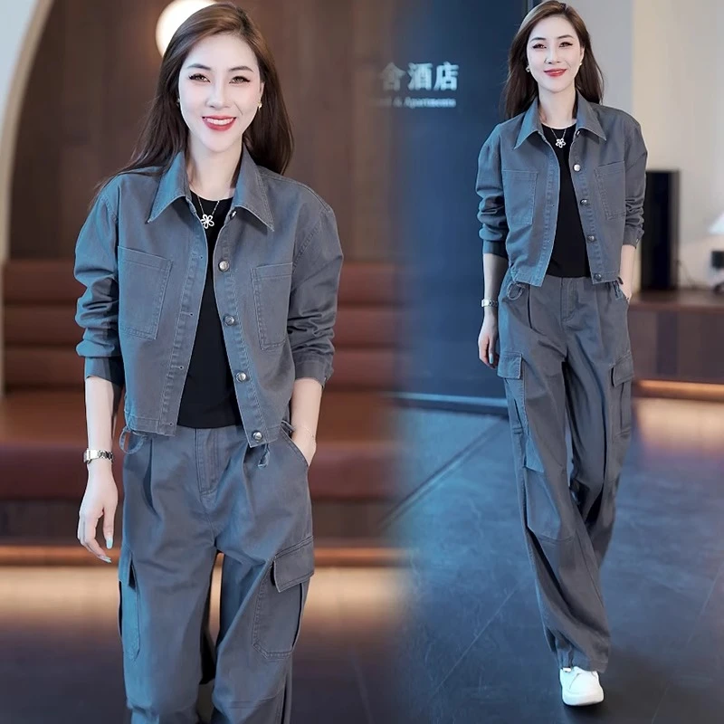 La Chapelle/拉夏贝尔 时尚套装女春秋短款外套工装阔腿裤两件套