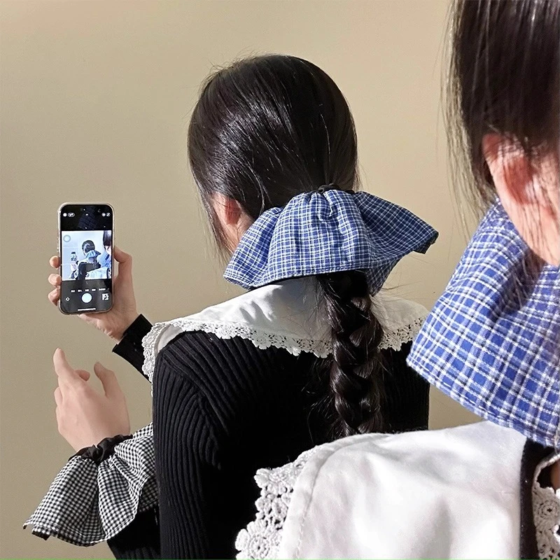 少女裙摆~藏青色千鸟格大肠发圈女复古百搭发饰扎头发超大号发绳