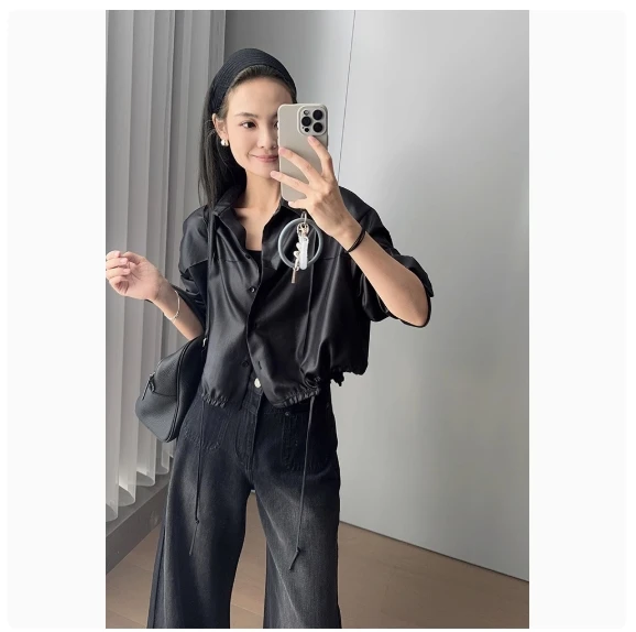 美洋MEIYANG黑泽衬衫短款长袖衬衣 黑色S