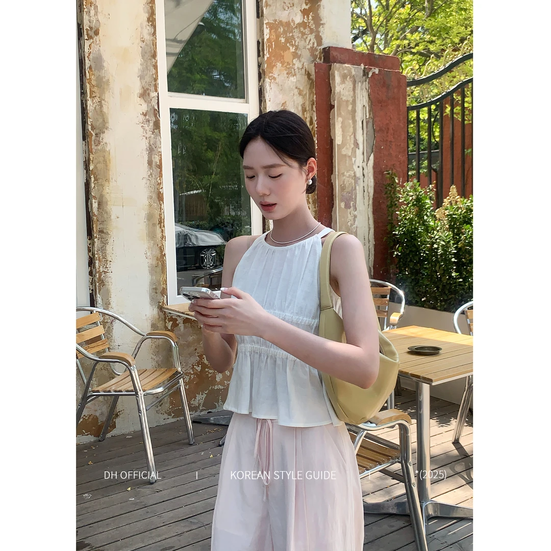 DH OFFICIAL 大花【绯闻女友 tops】露肩天丝亚麻腰部收腰背心衬衫