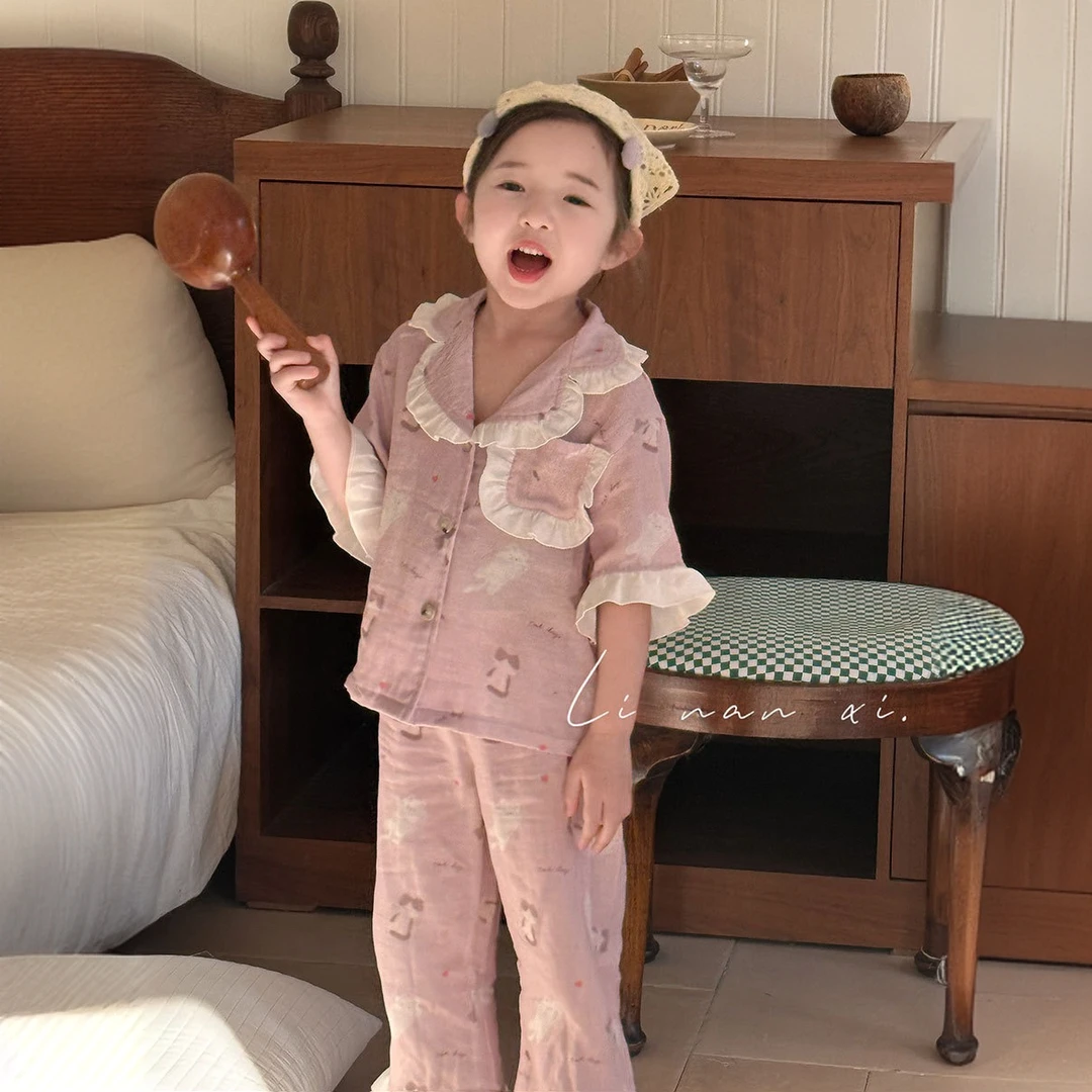 2025新款女童夏季睡衣短袖长裤开衫甜美可爱家居服套装批发两件套