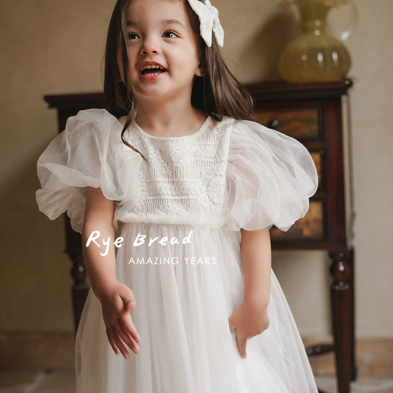 黑面包童装 北欧重工蕾丝女童泡泡袖公主裙生日软纱纱裙3夏季牛牛