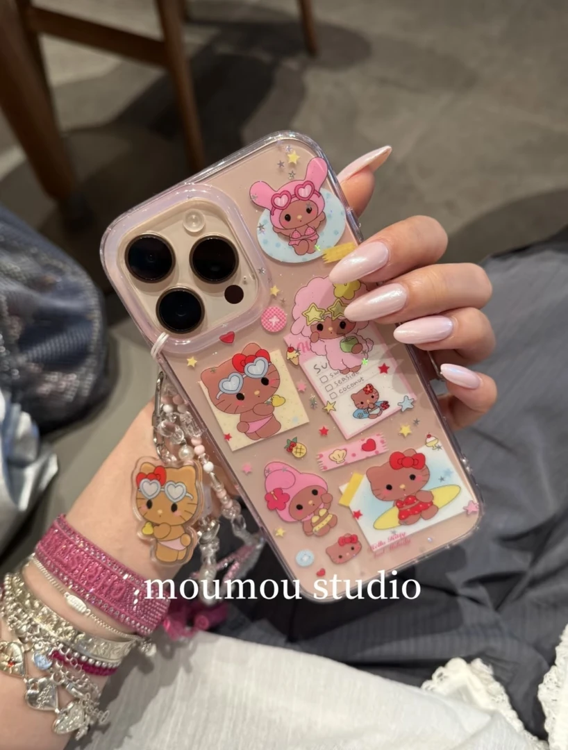 可爱透粉黑皮美乐蒂小羊闪片双层苹果16promax/15/14防摔手机壳13