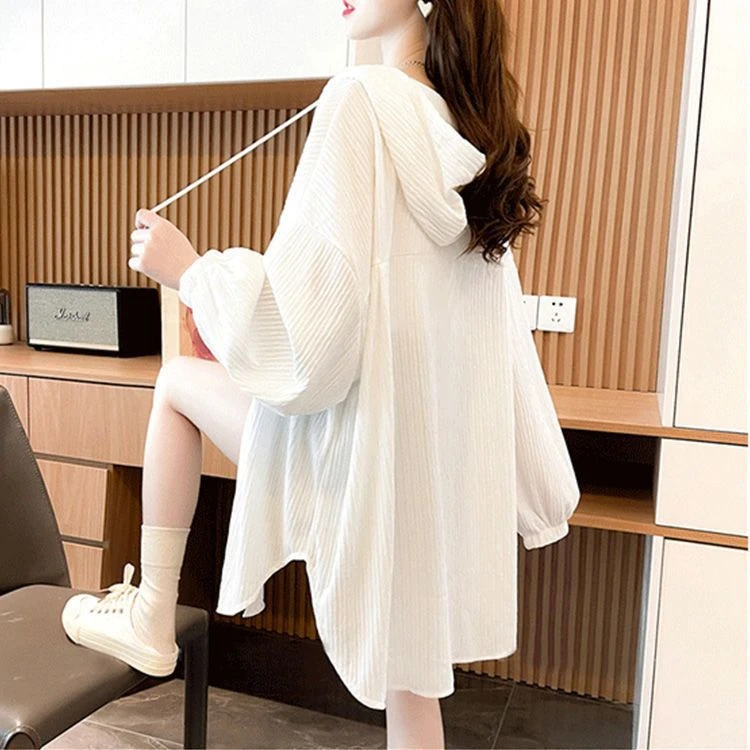 防晒衬衫女长袖连帽外套女夏季新款宽松薄款隔热中长款衬衫上衣女