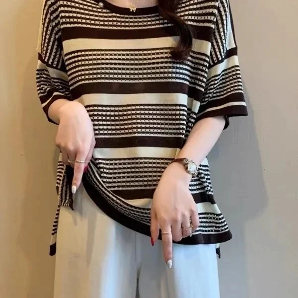 148 条纹短袖t恤女夏季2025新款遮肚藏肉上衣正肩打底衫