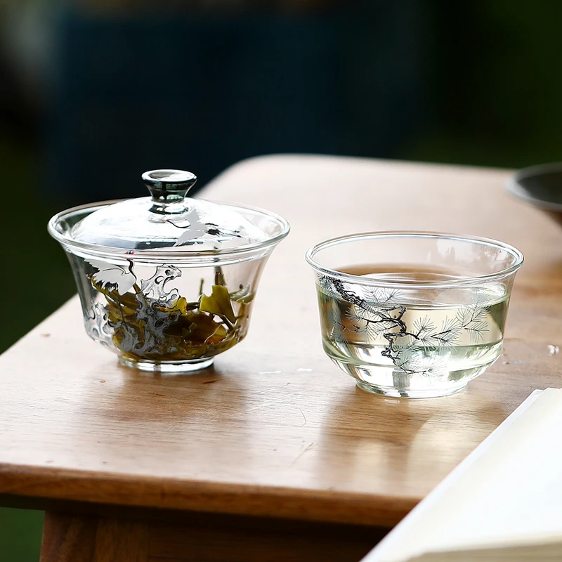 德白简约高档高硼硅耐热玻璃盖碗茶杯松鹤素简一人饮功夫茶具套装