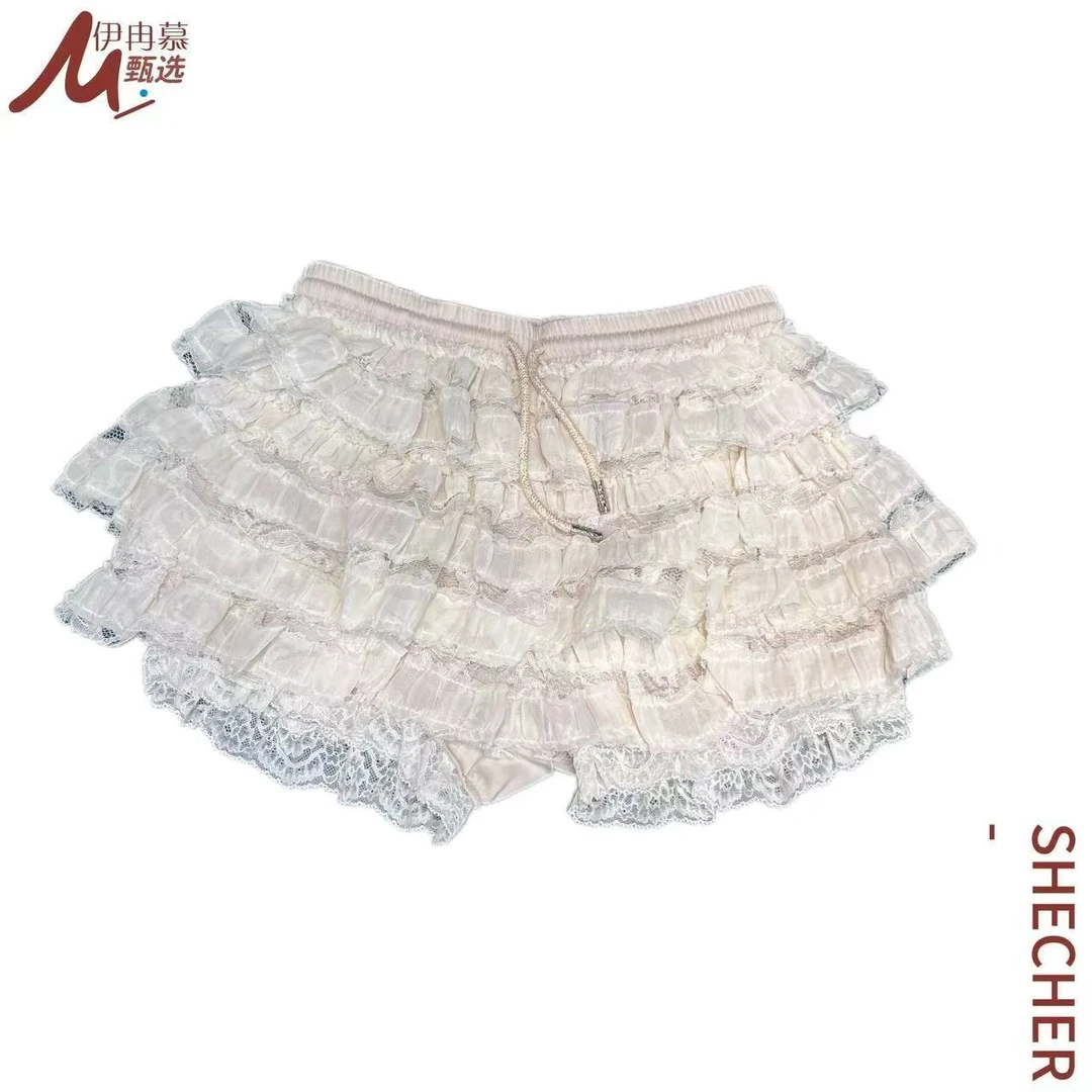 【伊冉慕】薄款半身裙蓬蓬短裙裤夏季打底甜美镂空百搭短裤蕾丝白色