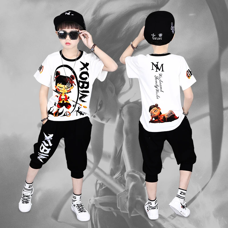 男童夏装纯棉短袖套装2025新款国风哪吒中小童装潮酷运动服两件套