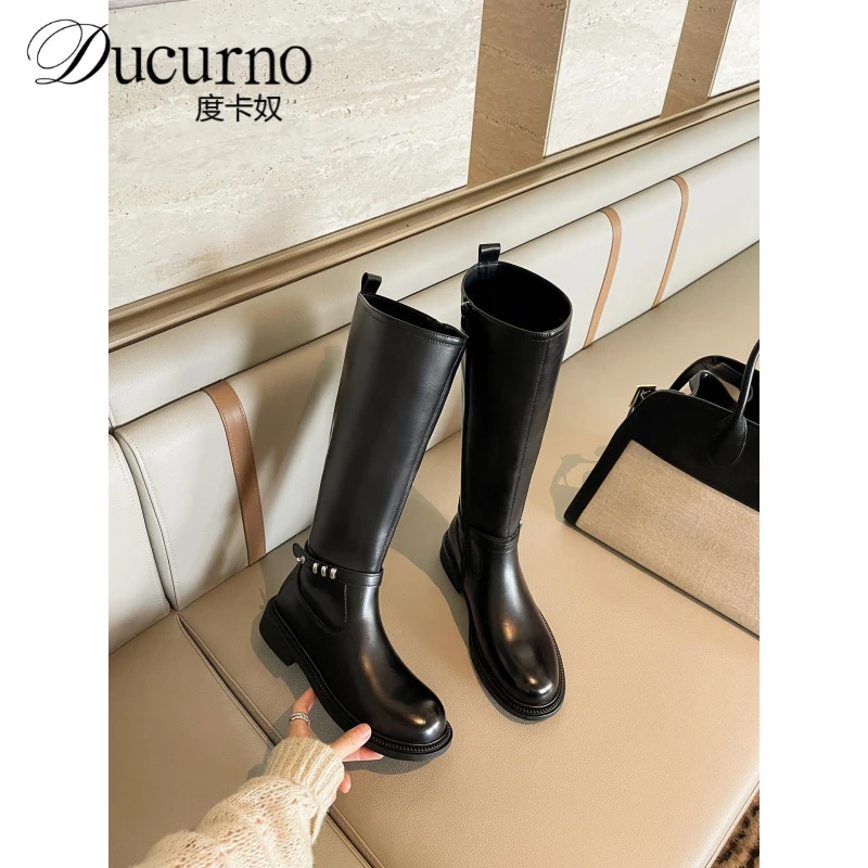 小香风覆古粗跟长筒靴女2025年秋季新款不过膝长靴圆头高筒骑士靴