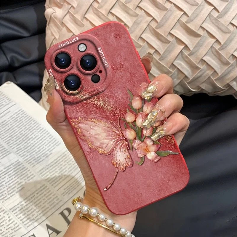 金箔闪粉苹果15手机壳iPhone16pro玫瑰蝴蝶14/13promax中国风12软