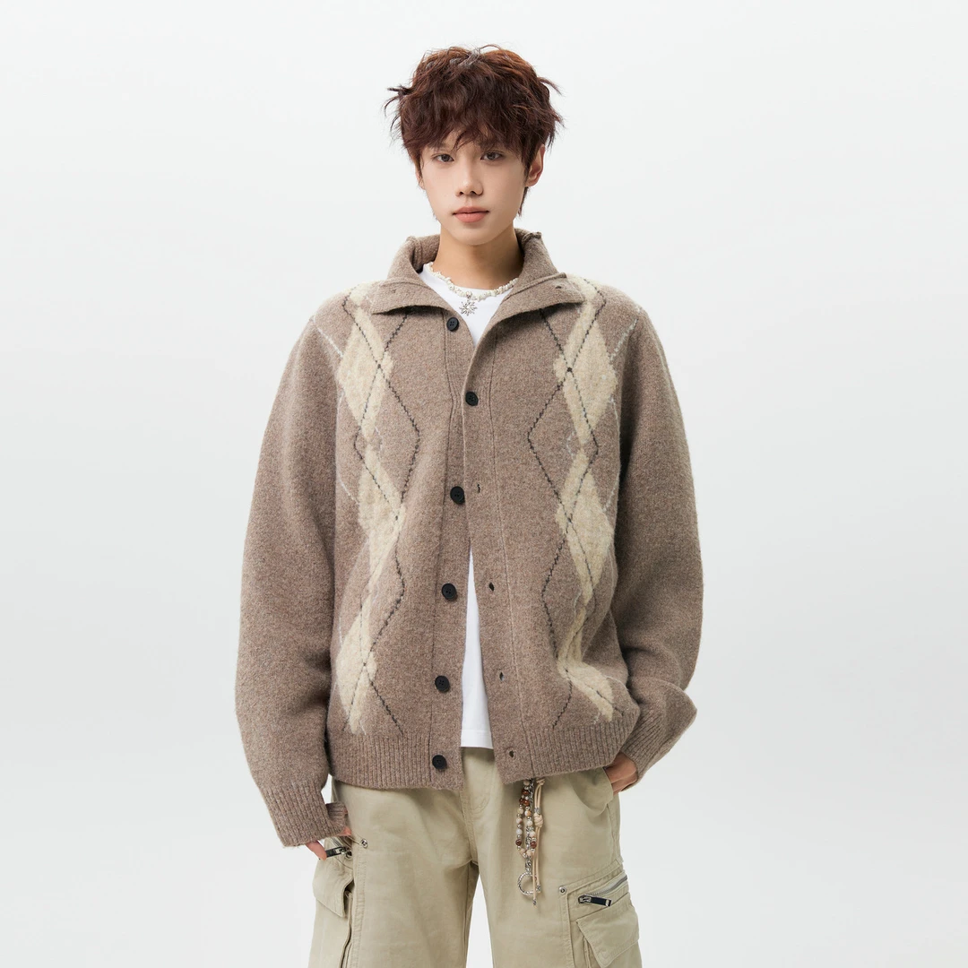 悟空有货复古老钱风菱格纽扣开衫毛衣男女秋季情侣宽松休闲针织衫