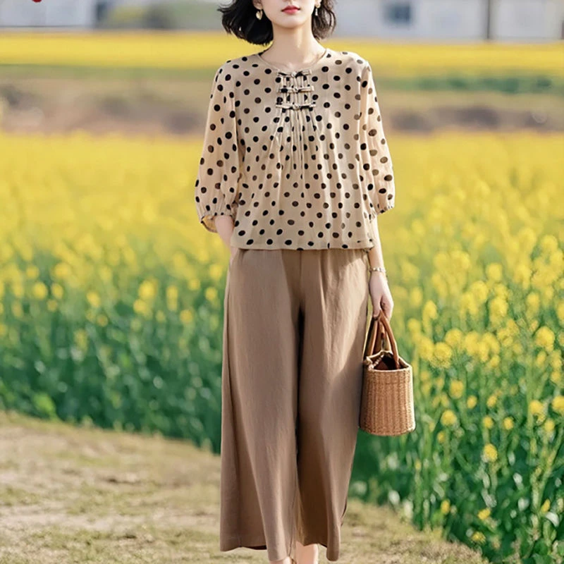 素雅棉麻波点小衫深紧腰显瘦阔腿裤两件套装2025夏季新款文艺国风