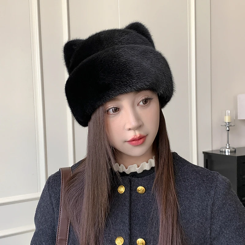 【猫耳朵盆帽】北之温水貂整皮盆帽时尚百搭网红加厚保暖俏皮ins
