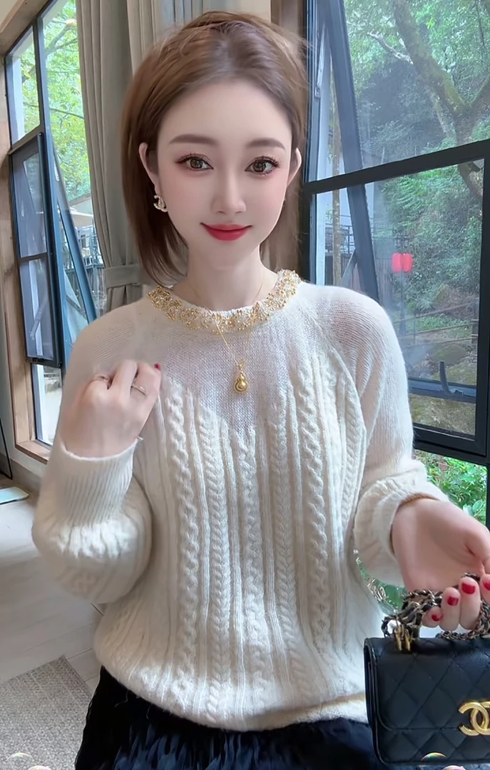 Nalian/拿恋豆子优选-春秋新款重工钉珠拼接微透针织毛衣 DZ96650