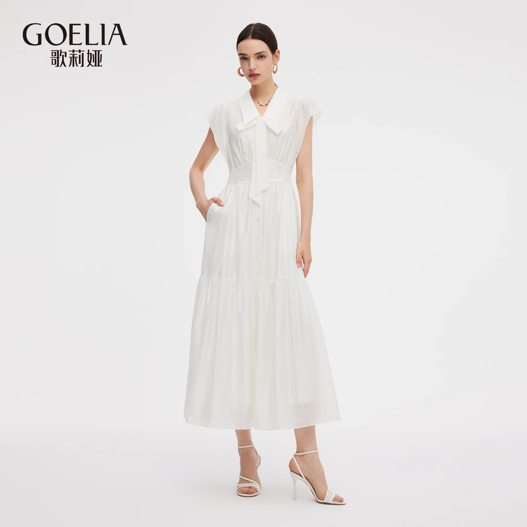 歌莉娅 夏季新品  翻领飞袖天丝连衣裙配飘带1E5C4K68A