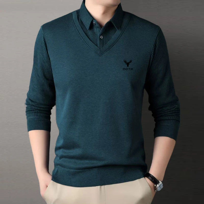 男士假两件衬衫领毛衣春秋季长袖时尚休闲薄款男针织衫翻领打底衫