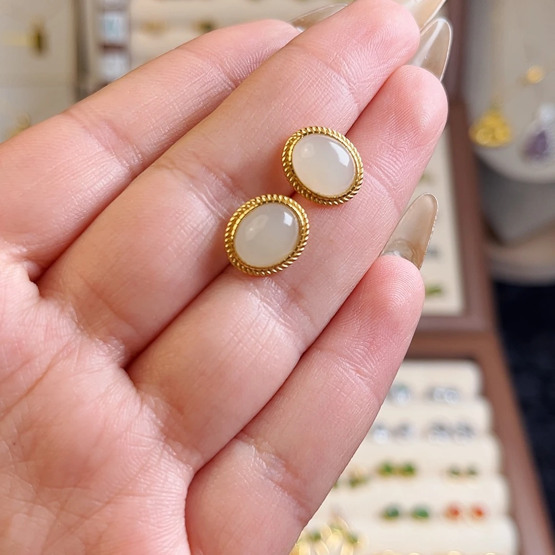 和田玉耳饰银S925镶嵌?*.