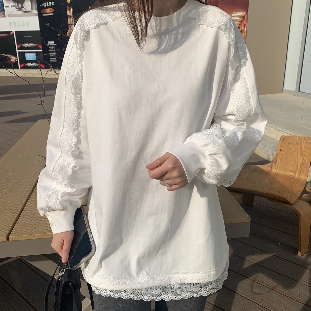 女装袖子蕾丝钩花加绒卫衣T冬款时尚百搭白色休闲宽松纯棉纯色