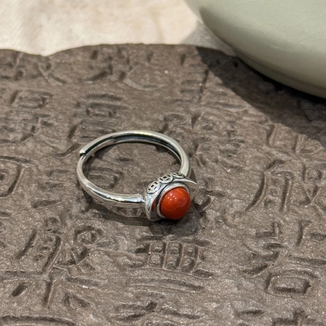 <一禅兄>足银990亮光南红元宝铜钱戒指做旧镶嵌精美古风