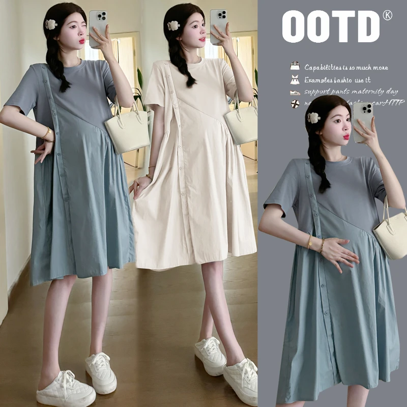 孕妇装夏季新款2025宽松显瘦大码拼接辣妈孕妇连衣裙孕妇裙中长款
