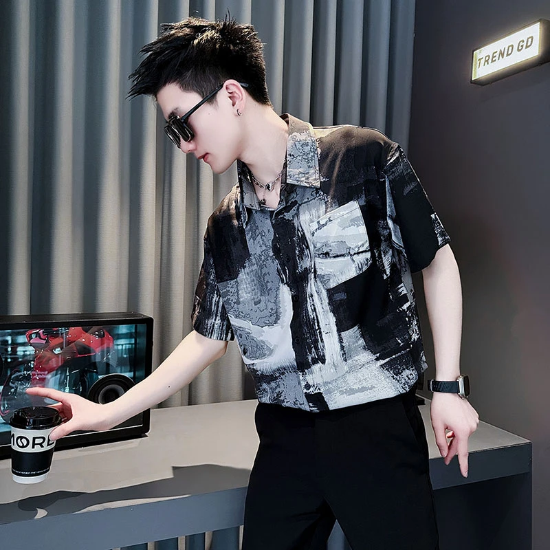 高档花衬衫男士夏款2025新款爆款短袖寸衣男装潮牌痞帅休闲上衣服