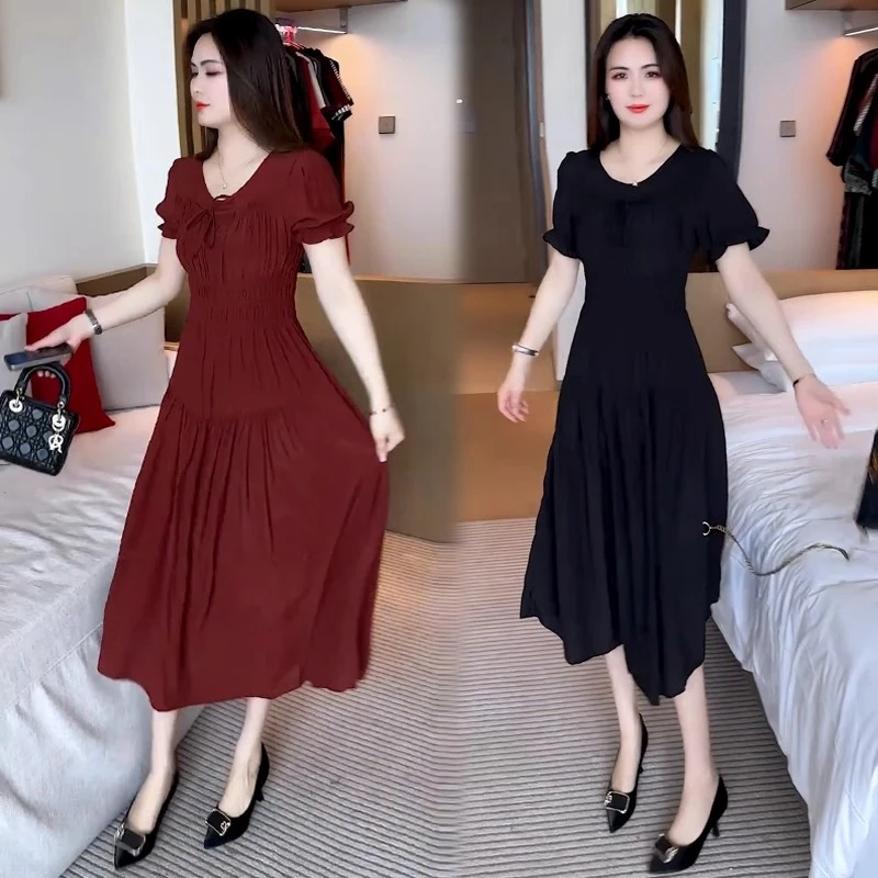 连衣裙女2025夏季新款时髦洋气收腰显瘦中长款气质短袖减龄a字裙