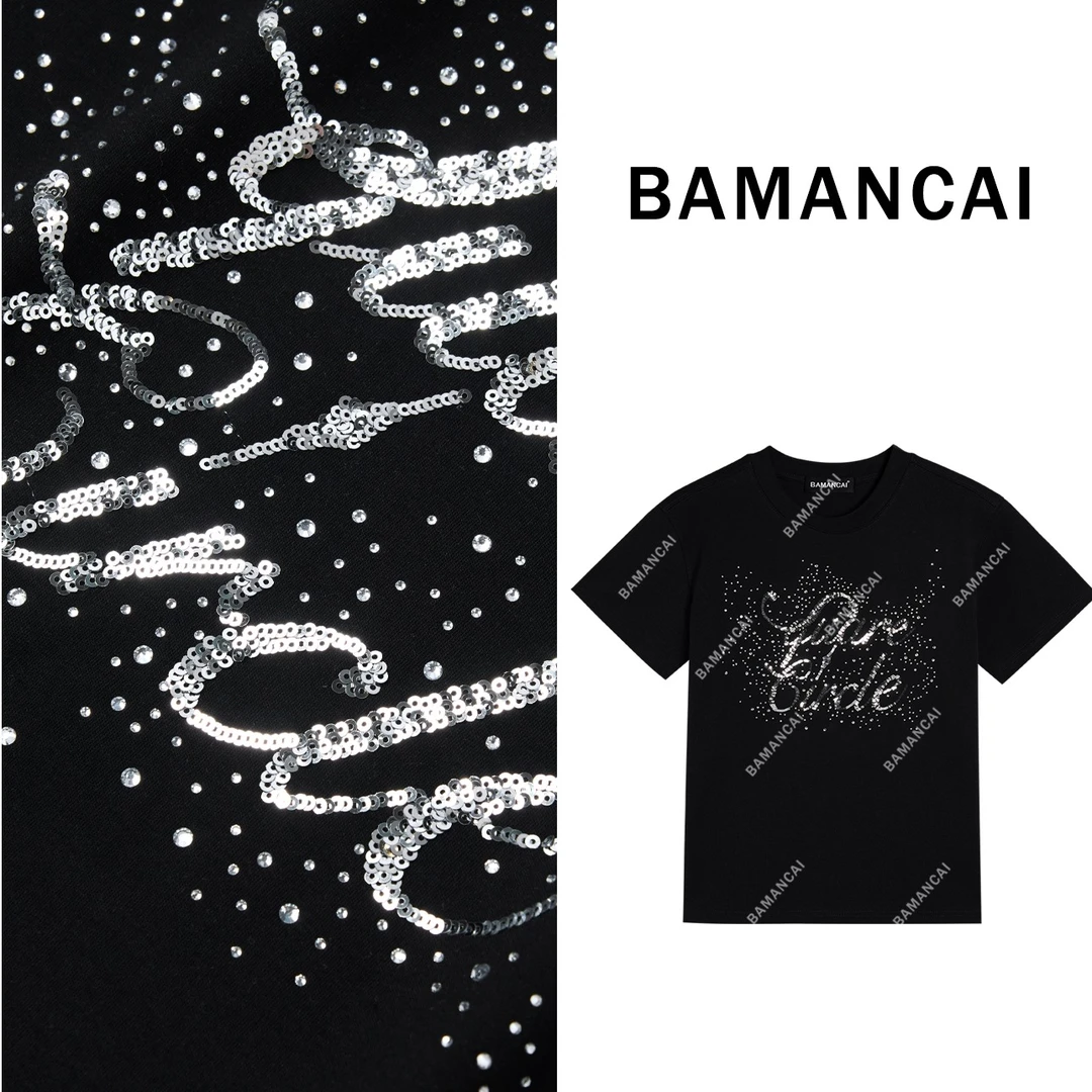Bamancai-设计感小众烫钻亮片闪闪惹人心时髦休闲百搭显瘦T恤女