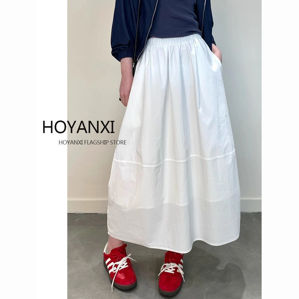 高级感白色花苞裙春夏韩系百搭慵懒风松紧高腰中长款a字蓬蓬裙子