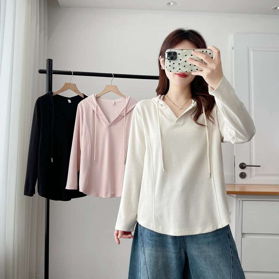 【米米】大码女装110-200斤秋季新款时尚百搭小V领纯色连帽卫衣2562