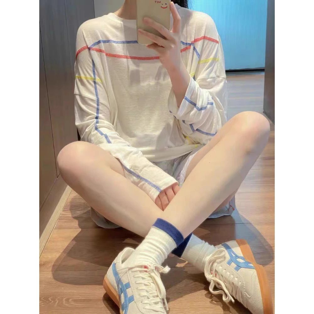 慵懒风条纹长袖t恤罩衫女2025年夏季新款宽松外搭防晒上衣空调衫