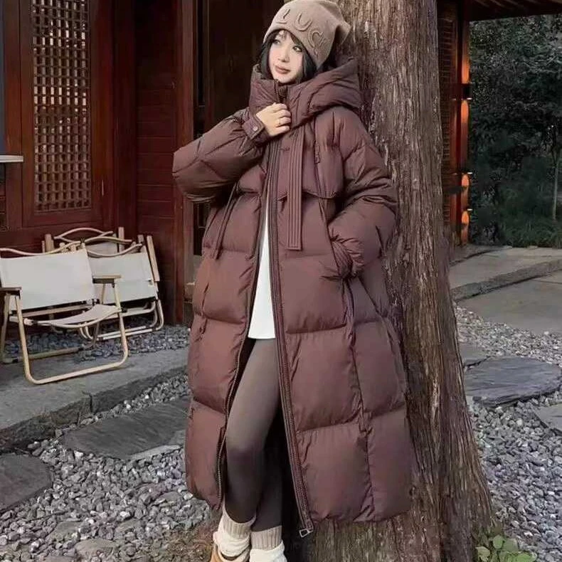 大被子飘带羽绒服女中长款过膝24冬新款韩版加厚连帽宽松白鸭绒