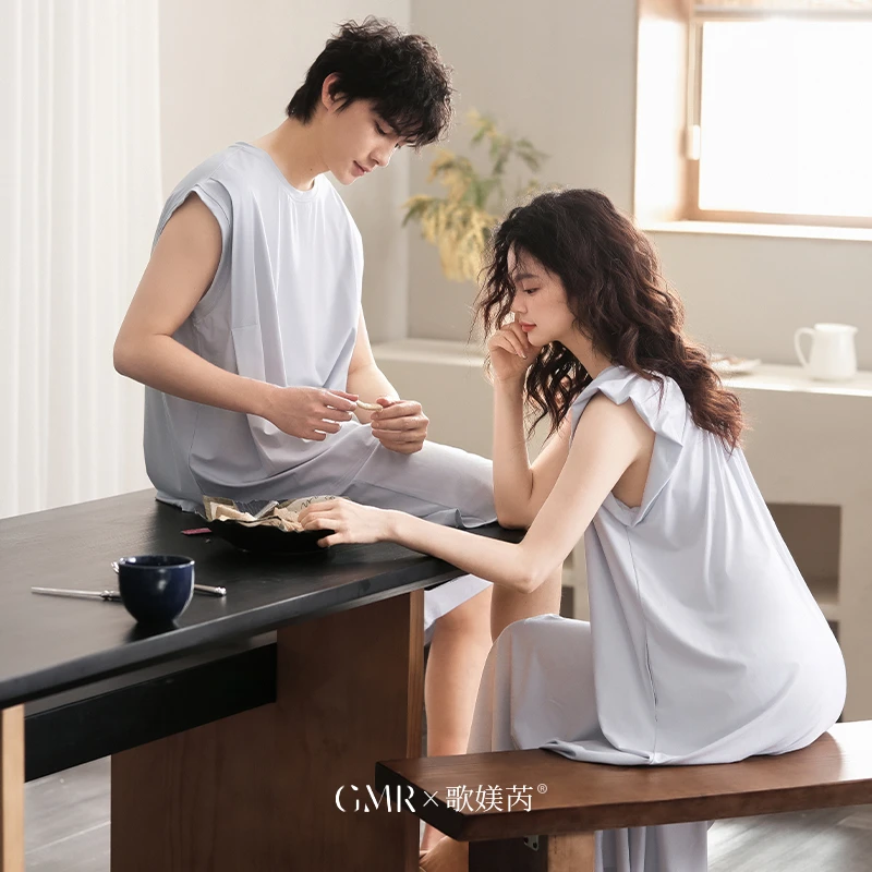 睡衣女夏薄款莫代尔棉睡裙遮肉飞袖甜蜜情侣装家居服男士大码套头