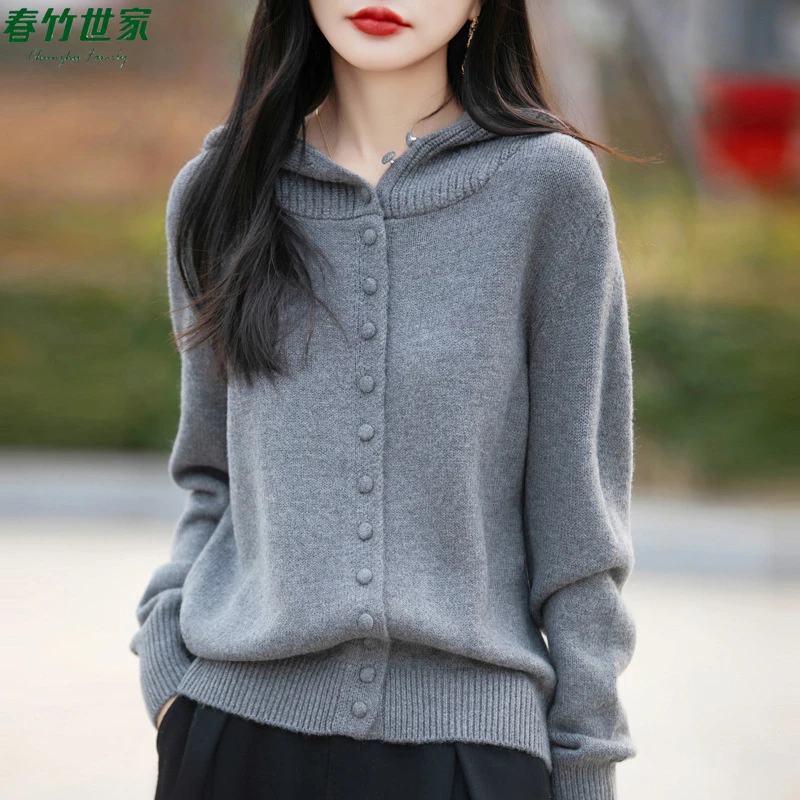 春竹世家纽扣连帽羊毛开衫女外套毛衣设计感宽松休闲羊绒帽衫上衣