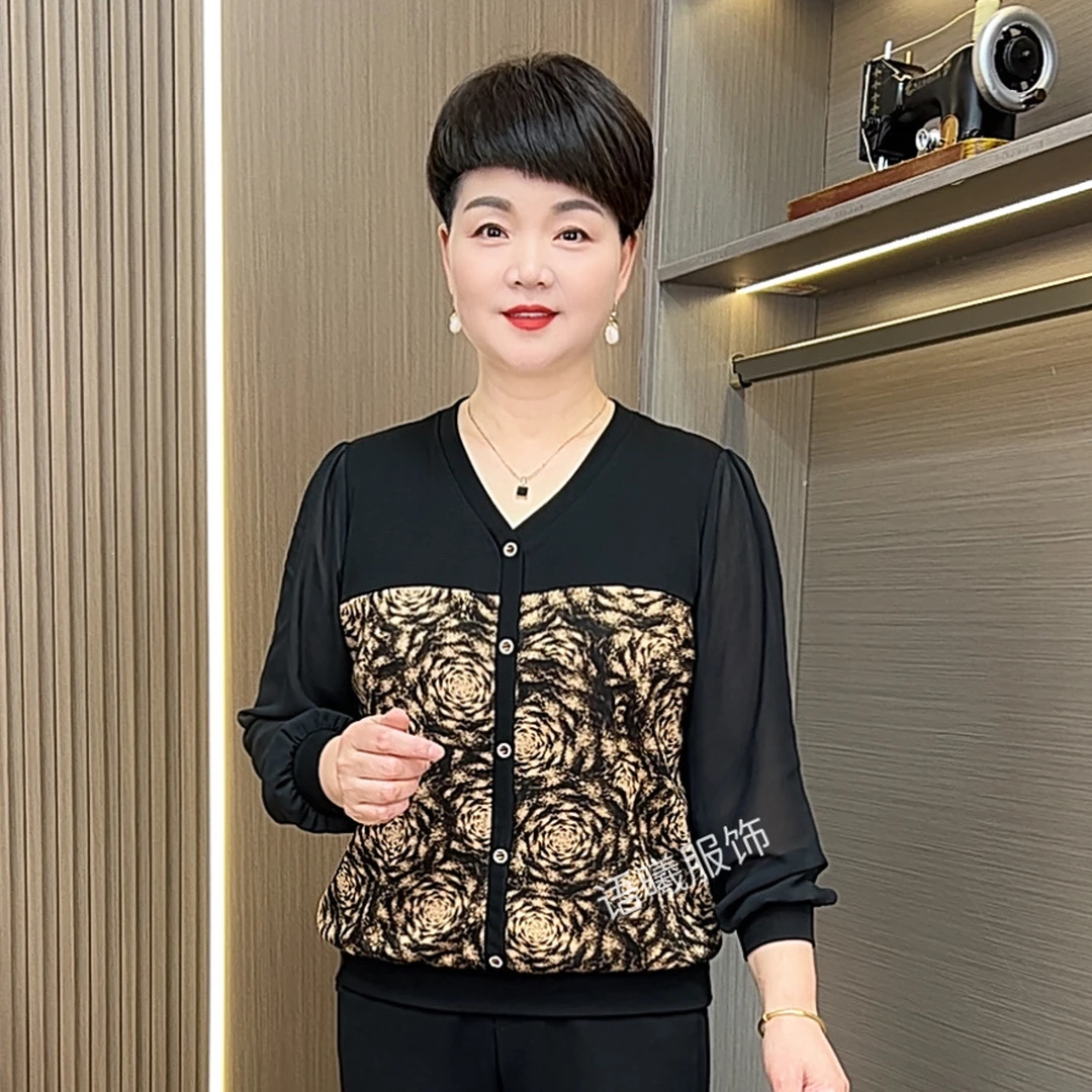 薄款T恤V领纽扣中老年女装时尚秋季印花长袖小衫F6602