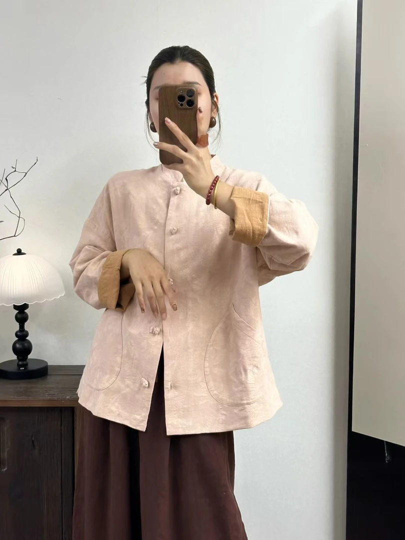 苏歆纺 高品质亚麻提花中国风复古慵懒秋季双层外套MQ7212