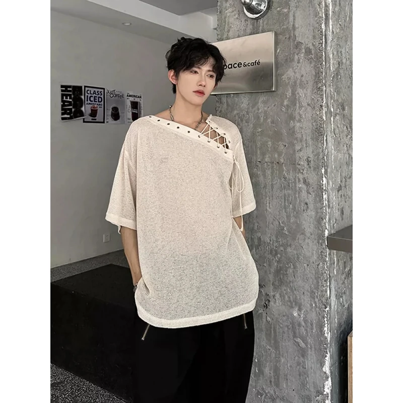 「错频拥抱」斜肩不规则T恤男夏季薄款透气镂空短袖垂感宽松半袖