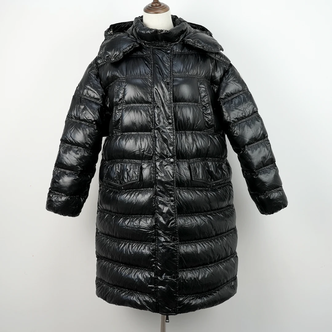 99新 MONCLER 白鹅绒/25110573黑色羽绒服2码中长款连帽手臂徽标